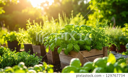 Fresh green grass in a healthy organic garden grows in the summer sun, a beautiful sight of nature 129767734