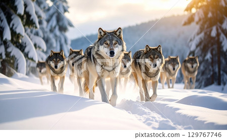 A majestic Siberian husky sled dog with a furry white coat stands in the cold winter snow 129767746