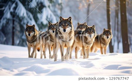 A majestic Siberian husky sled dog with a furry white coat stands in the cold winter snow 129767747