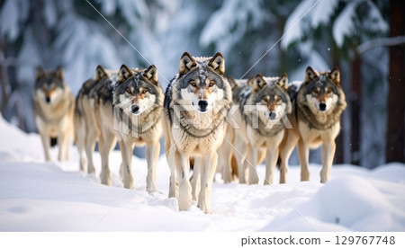 A majestic Siberian husky sled dog with a furry white coat stands in the cold winter snow 129767748