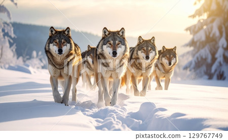 A majestic Siberian husky sled dog with a furry white coat stands in the cold winter snow 129767749