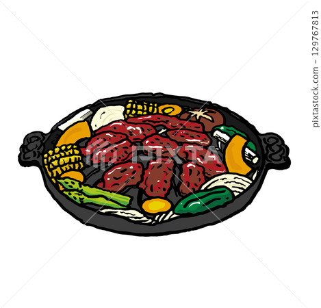 Illustration of lamb and vegetables grilled in a Genghis Khan pot Illustration of lamb and vegetables grilled in a Genghis Khan pot 129767813
