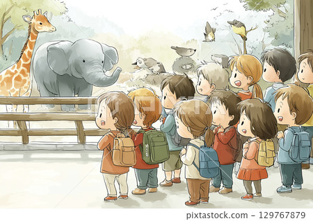 Children on a field trip observing animals at the zoo 129767879