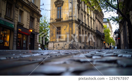 Historic architecture and old buildings line the canals and streets of a European old town at night Historic architecture and old buildings line the canals and streets of a European old town at night 129767897