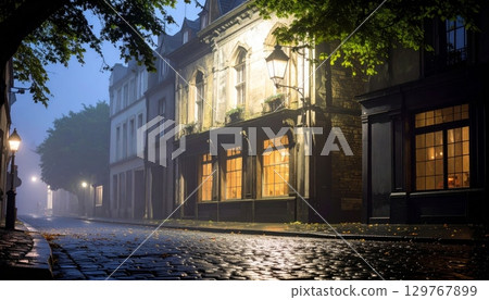Historic architecture and old buildings line the canals and streets of a European old town at night Historic architecture and old buildings line the canals and streets of a European old town at night 129767899