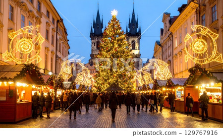 A stunning Christmas tree glows at night in Bangkok, casting a festive light on the ancient Thai architecture of a nearby temple A stunning Christmas tree glows at night in Bangkok, casting a festive light on the ancient Thai architecture of a nearby temple 129767916
