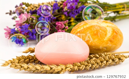 Pink natural handmade soap with a fresh lavender aroma, perfect for a spa gift Pink natural handmade soap with a fresh lavender aroma, perfect for a spa gift 129767932