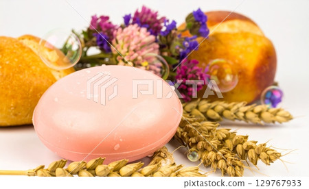 Pink natural handmade soap with a fresh lavender aroma, perfect for a spa gift Pink natural handmade soap with a fresh lavender aroma, perfect for a spa gift 129767933