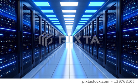 Futuristic empty server room hallway with data center racks and glass walls Futuristic empty server room hallway with data center racks and glass walls 129768105