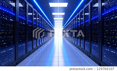 Futuristic empty server room hallway with data center racks and glass walls Futuristic empty server room hallway with data center racks and glass walls 129768107