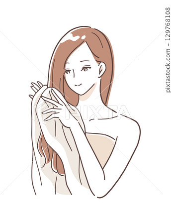 Illustration material of a woman wiping her hair with a towel 129768108
