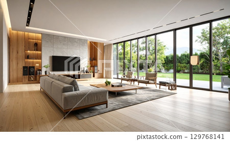 Modern luxury living room interior with a fireplace, comfortable furniture, and contemporary decor Modern luxury living room interior with a fireplace, comfortable furniture, and contemporary decor 129768141