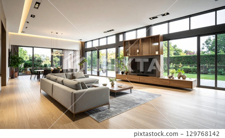 Modern luxury living room interior with a fireplace, comfortable furniture, and contemporary decor 129768142