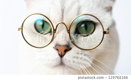 Close-up portrait of a domestic black cat with striking green eyes, its cute face and whiskers in sharp focus 129768166