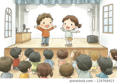 Children are performing plays and dances on stage 129768423