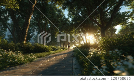 Woman running in city park at sunrise 129768655