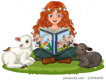 Red-Haired Girl Reading Storybook With Lambs Outdoors Red-Haired Girl Reading Storybook With Lambs Outdoors 129768895