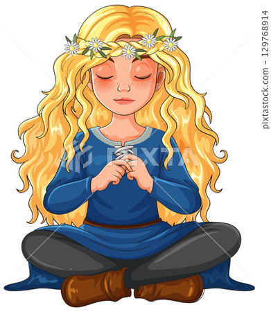 Blonde Girl in Blue Dress Meditating Cross-Legged 129768914