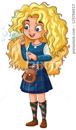 Curly-Haired Girl in Tartan Skirt Blowing Bubbles 129768917