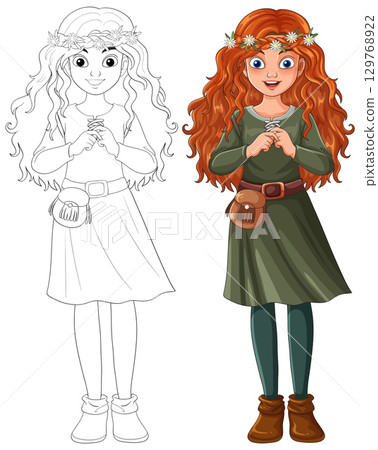 Red-Haired Girl in Green Dress with Floral Crown 129768922