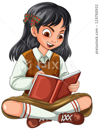 Smiling Schoolgirl Writing in Notebook While Sitting Cross-Legged Smiling Schoolgirl Writing in Notebook While Sitting Cross-Legged 129768932