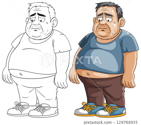 Sad Overweight Man in Casual Clothing 129768935