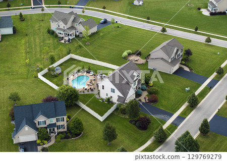 Housing market in the USA. Residential homes in suburban sprawl development in Rochester, New York. Low-density two story private houses in rural suburbs 129769279