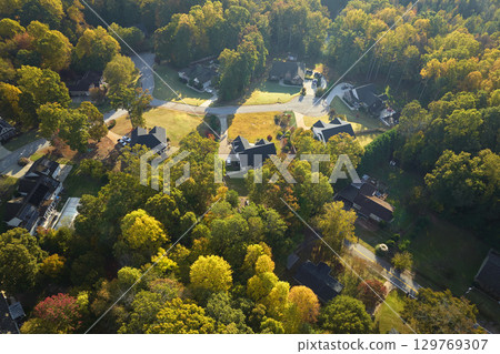 Aerial view of classical american homes in South Carolina residential area. New family houses as example of real estate development in USA suburbs 129769307