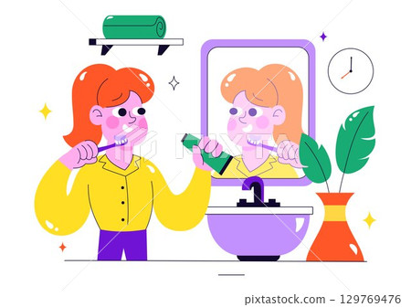 Morning Rituals Vector Illustration featuring People Doing Their Morning Routines and Practicing Healthy Lifestyle Habits in a Style Background Morning Rituals Vector Illustration featuring People Doing Their Morning Routines and Practicing Healthy Lifestyle Habits in a Style Background 129769476