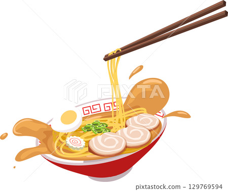 japanese ramen bowl with noodles pork egg and chopsticks captured in a dynamic splash 129769594