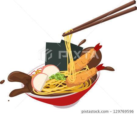 ramen japanese food illustration with tempura shrimp chopsticks and noodle soup in red bowl ramen japanese food illustration with tempura shrimp chopsticks and noodle soup in red bowl 129769596