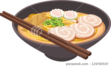 asian cuisine ramen bowl with noodles pork broth toppings and chopsticks 129769597