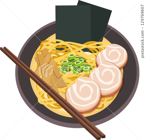top view  of a japanese ramen bowl with noodles pork chashu seaweed and chopsticks 129769607