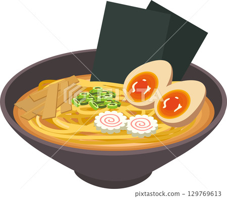 japanese ramen bowl with noodles broth soft boiled egg bamboo shoots seaweed and narutomaki 129769613