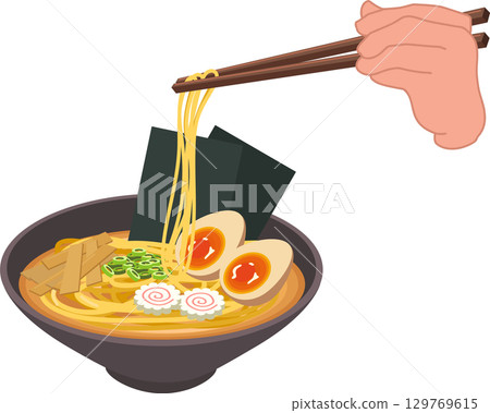 ramen bowl asian cuisine with miso noodles eggs bamboo shoots and nori sheet 129769615