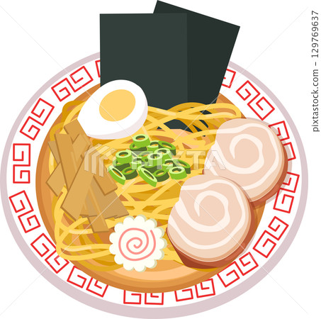 top view ramen. japanese noodle soup with pork slices boiled egg seaweed and bamboo shoots in a decorative bowl 129769637
