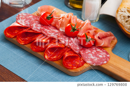 Coldcuts of Spanish cured jamon and sausages Coldcuts of Spanish cured jamon and sausages 129769808