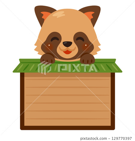 Smiling raccoon character illustration riding on a wooden sign 129770397