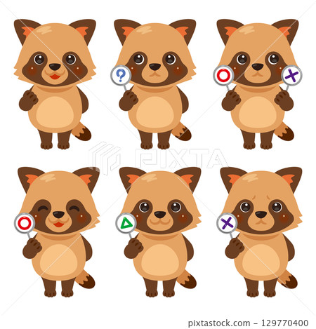 手持圓形、圓形、三角形或三角形卡片的狸貓人物插畫集 手持圓形、圓形、三角形或三角形卡片的狸貓人物插畫集 129770400