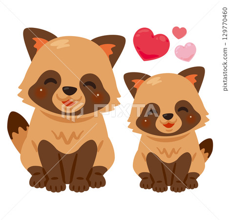 Illustration of a smiling raccoon dog parent and child sitting Illustration of a smiling raccoon dog parent and child sitting 129770460
