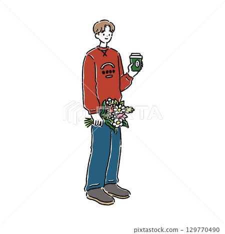 A person holding a bouquet and a drink 129770490