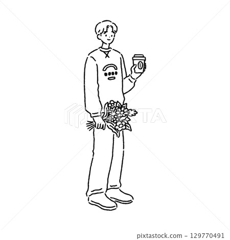 Line drawing of a person holding a bouquet and a drink 129770491