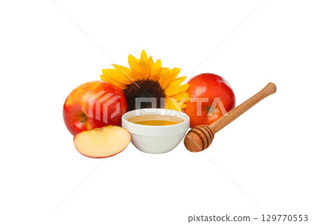 Apples, honey in a bowl, and sunflower with dipper, isolated on white, PNG Apples, honey in a bowl, and sunflower with dipper, isolated on white, PNG 129770553