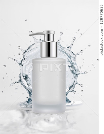 Luxury frosted glass cosmetic pump bottle for lotion or serum with dynamic clear water splash. Product packaging mockup isolated on clean white studio background. 129770653