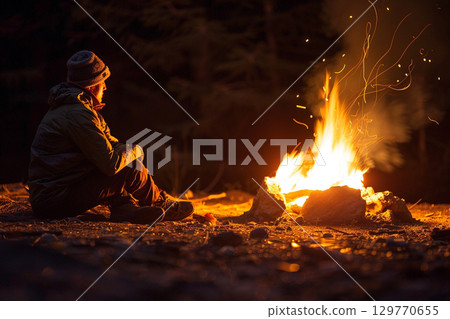 Silhouette of a man gazing at the flames of a bonfire 129770655