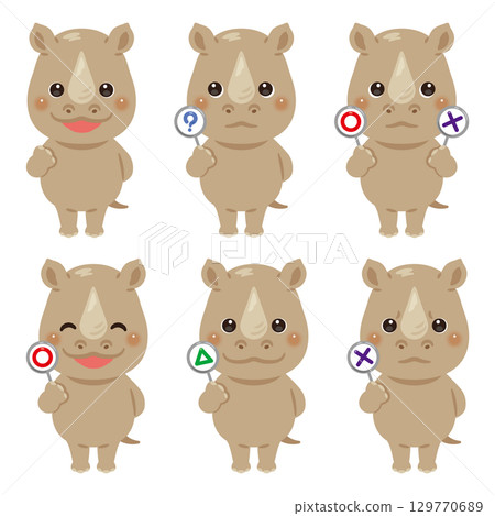 拿著圓形、圓形、三角形或三角形卡片的犀牛角色插圖集 129770689