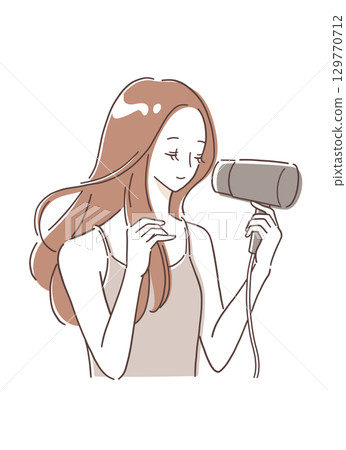Illustration material of a woman drying her hair with a hair dryer 129770712