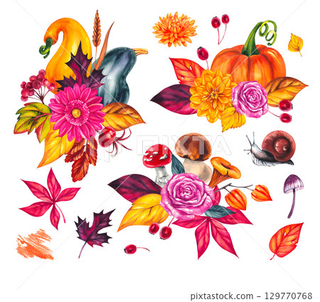 watercolor autumn illustrations with pumpkins and leaves 129770768