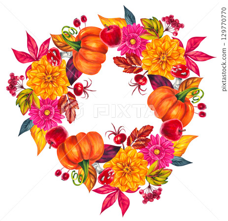 watercolor autumn illustrations with pumpkins and leaves 129770770