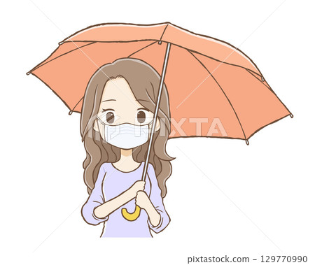A woman with long wavy hair wearing a mask and holding an umbrella (upper body) 129770990